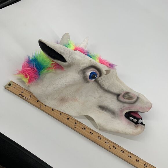 Latex Rainbow Mohawk Unicorn Mask Full Head Animal Mask Adult Horse White OS - Picture 6 of 7